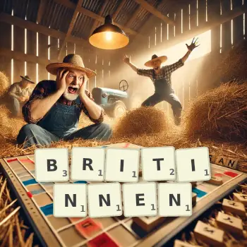 Kreative Illustration für ein Scrabble-Spiel, bei dem das Wort BRITINNEN mit Steinen auf dem Brett gelegt wurde.