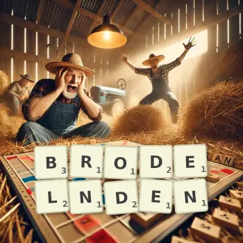 Kreative Illustration für ein Scrabble-Spiel, bei dem das Wort BRODELNDEN mit Steinen auf dem Brett gelegt wurde.