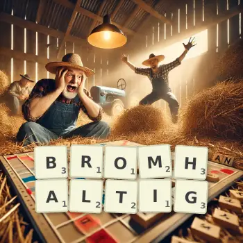 Kreative Illustration für ein Scrabble-Spiel, bei dem das Wort BROMHALTIG mit Steinen auf dem Brett gelegt wurde.