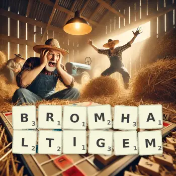 Kreative Illustration für ein Scrabble-Spiel, bei dem das Wort BROMHALTIGEM mit Steinen auf dem Brett gelegt wurde.