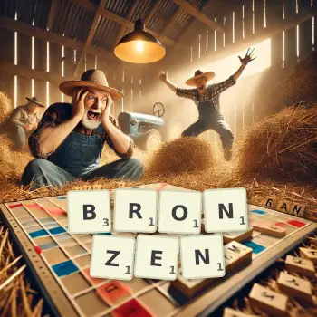 Kreative Illustration für ein Scrabble-Spiel, bei dem das Wort BRONZEN mit Steinen auf dem Brett gelegt wurde.