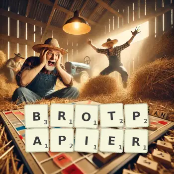 Kreative Illustration für ein Scrabble-Spiel, bei dem das Wort BROTPAPIER mit Steinen auf dem Brett gelegt wurde.