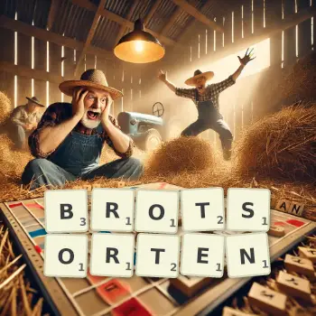 Kreative Illustration für ein Scrabble-Spiel, bei dem das Wort BROTSORTEN mit Steinen auf dem Brett gelegt wurde.