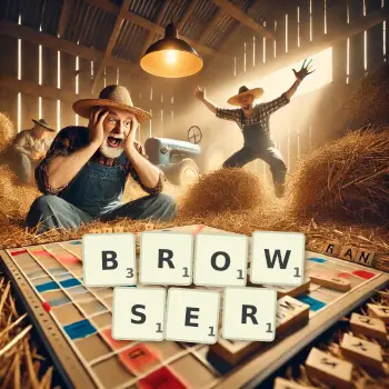 Kreative Illustration für ein Scrabble-Spiel, bei dem das Wort BROWSER mit Steinen auf dem Brett gelegt wurde.