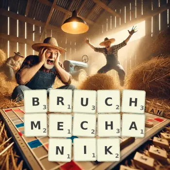 Kreative Illustration für ein Scrabble-Spiel, bei dem das Wort BRUCHMECHANIK mit Steinen auf dem Brett gelegt wurde.