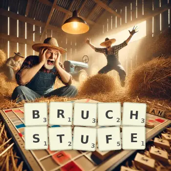 Kreative Illustration für ein Scrabble-Spiel, bei dem das Wort BRUCHSTUFE mit Steinen auf dem Brett gelegt wurde.