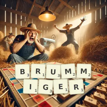 Kreative Illustration für ein Scrabble-Spiel, bei dem das Wort BRUMMIGER mit Steinen auf dem Brett gelegt wurde.