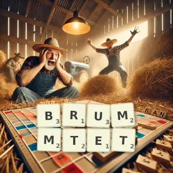 Kreative Illustration für ein Scrabble-Spiel, bei dem das Wort BRUMMTET mit Steinen auf dem Brett gelegt wurde.