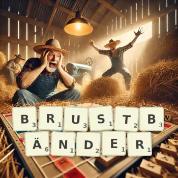 Kreative Illustration für ein Scrabble-Spiel, bei dem das Wort BRUSTBÄNDER mit Steinen auf dem Brett gelegt wurde.
