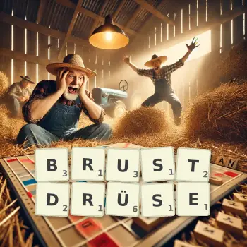 Kreative Illustration für ein Scrabble-Spiel, bei dem das Wort BRUSTDRÜSE mit Steinen auf dem Brett gelegt wurde.