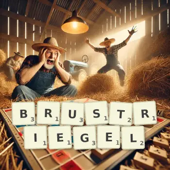 Kreative Illustration für ein Scrabble-Spiel, bei dem das Wort BRUSTRIEGEL mit Steinen auf dem Brett gelegt wurde.