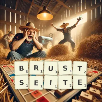 Kreative Illustration für ein Scrabble-Spiel, bei dem das Wort BRUSTSEITE mit Steinen auf dem Brett gelegt wurde.