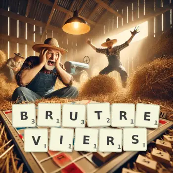 Kreative Illustration für ein Scrabble-Spiel, bei dem das Wort BRUTREVIERS mit Steinen auf dem Brett gelegt wurde.