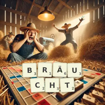 Kreative Illustration für ein Scrabble-Spiel, bei dem das Wort BRÄUCHT mit Steinen auf dem Brett gelegt wurde.