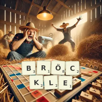 Kreative Illustration für ein Scrabble-Spiel, bei dem das Wort BRÖCKLE mit Steinen auf dem Brett gelegt wurde.