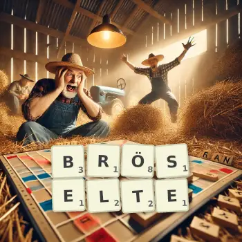 Kreative Illustration für ein Scrabble-Spiel, bei dem das Wort BRÖSELTE mit Steinen auf dem Brett gelegt wurde.