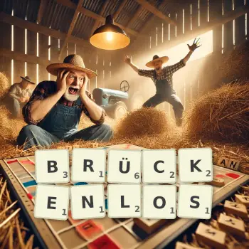Kreative Illustration für ein Scrabble-Spiel, bei dem das Wort BRÜCKENLOS mit Steinen auf dem Brett gelegt wurde.
