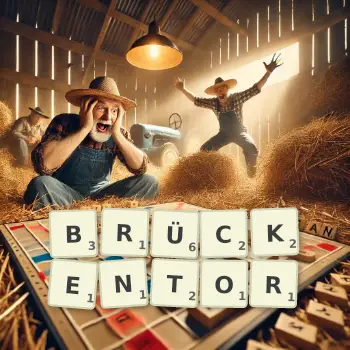 Kreative Illustration für ein Scrabble-Spiel, bei dem das Wort BRÜCKENTOR mit Steinen auf dem Brett gelegt wurde.