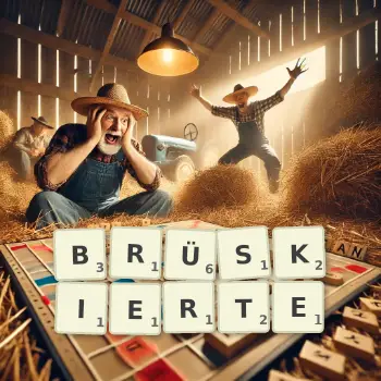 Kreative Illustration für ein Scrabble-Spiel, bei dem das Wort BRÜSKIERTE mit Steinen auf dem Brett gelegt wurde.
