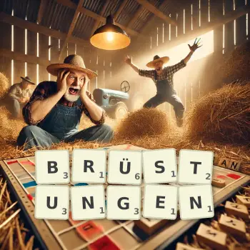 Kreative Illustration für ein Scrabble-Spiel, bei dem das Wort BRÜSTUNGEN mit Steinen auf dem Brett gelegt wurde.