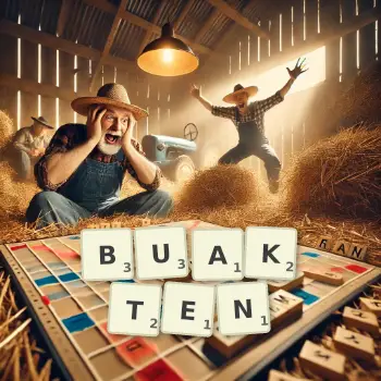 Kreative Illustration für ein Scrabble-Spiel, bei dem das Wort BUAKTEN mit Steinen auf dem Brett gelegt wurde.
