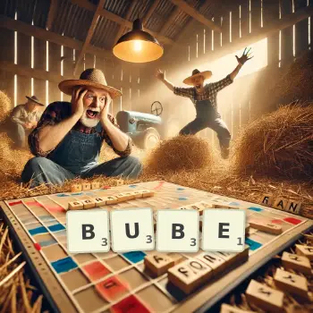 Kreative Illustration für ein Scrabble-Spiel, bei dem das Wort BUBE mit Steinen auf dem Brett gelegt wurde.