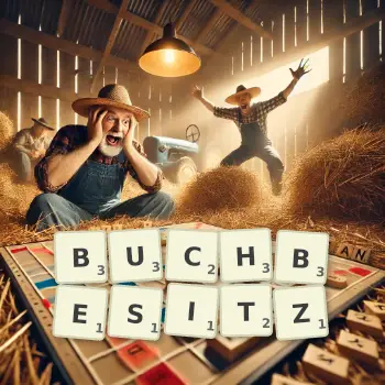Kreative Illustration für ein Scrabble-Spiel, bei dem das Wort BUCHBESITZ mit Steinen auf dem Brett gelegt wurde.