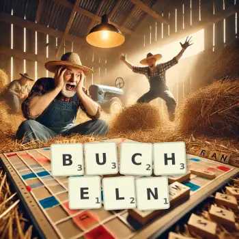 Kreative Illustration für ein Scrabble-Spiel, bei dem das Wort BUCHELN mit Steinen auf dem Brett gelegt wurde.