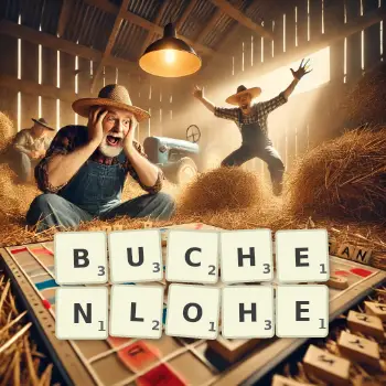 Kreative Illustration für ein Scrabble-Spiel, bei dem das Wort BUCHENLOHE mit Steinen auf dem Brett gelegt wurde.
