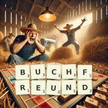 Kreative Illustration für ein Scrabble-Spiel, bei dem das Wort BUCHFREUND mit Steinen auf dem Brett gelegt wurde.