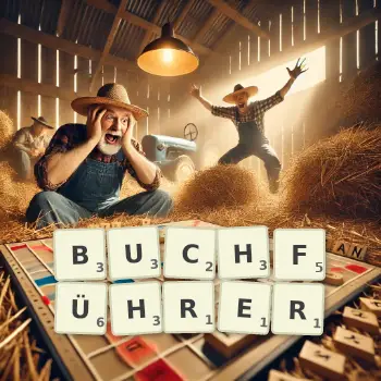 Kreative Illustration für ein Scrabble-Spiel, bei dem das Wort BUCHFÜHRER mit Steinen auf dem Brett gelegt wurde.