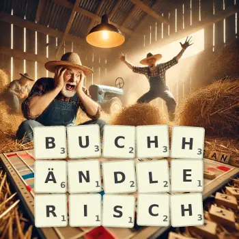 Kreative Illustration für ein Scrabble-Spiel, bei dem das Wort BUCHHÄNDLERISCH mit Steinen auf dem Brett gelegt wurde.
