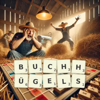 Kreative Illustration für ein Scrabble-Spiel, bei dem das Wort BUCHHÜGELS mit Steinen auf dem Brett gelegt wurde.