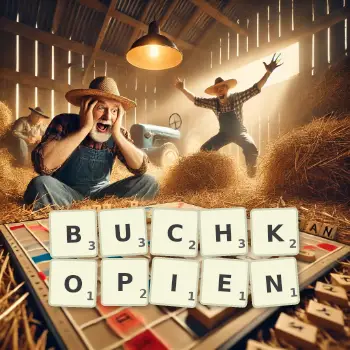 Kreative Illustration für ein Scrabble-Spiel, bei dem das Wort BUCHKOPIEN mit Steinen auf dem Brett gelegt wurde.