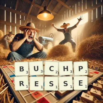 Kreative Illustration für ein Scrabble-Spiel, bei dem das Wort BUCHPRESSE mit Steinen auf dem Brett gelegt wurde.
