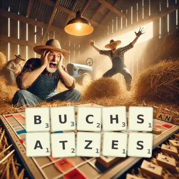 Kreative Illustration für ein Scrabble-Spiel, bei dem das Wort BUCHSATZES mit Steinen auf dem Brett gelegt wurde.