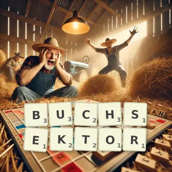 Kreative Illustration für ein Scrabble-Spiel, bei dem das Wort BUCHSEKTOR mit Steinen auf dem Brett gelegt wurde.