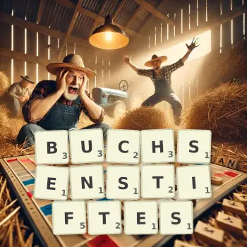 Kreative Illustration für ein Scrabble-Spiel, bei dem das Wort BUCHSENSTIFTES mit Steinen auf dem Brett gelegt wurde.