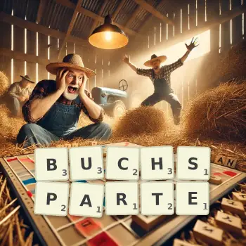 Kreative Illustration für ein Scrabble-Spiel, bei dem das Wort BUCHSPARTE mit Steinen auf dem Brett gelegt wurde.
