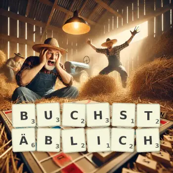 Kreative Illustration für ein Scrabble-Spiel, bei dem das Wort BUCHSTÄBLICH mit Steinen auf dem Brett gelegt wurde.