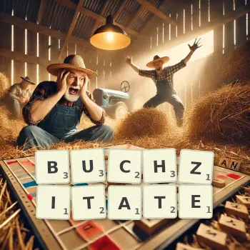 Kreative Illustration für ein Scrabble-Spiel, bei dem das Wort BUCHZITATE mit Steinen auf dem Brett gelegt wurde.
