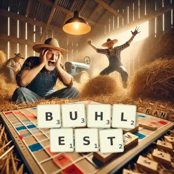 Kreative Illustration für ein Scrabble-Spiel, bei dem das Wort BUHLEST mit Steinen auf dem Brett gelegt wurde.