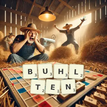 Kreative Illustration für ein Scrabble-Spiel, bei dem das Wort BUHLTEN mit Steinen auf dem Brett gelegt wurde.