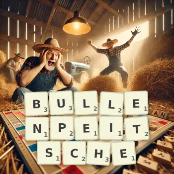 Kreative Illustration für ein Scrabble-Spiel, bei dem das Wort BULLENPEITSCHE mit Steinen auf dem Brett gelegt wurde.