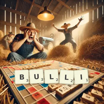 Kreative Illustration für ein Scrabble-Spiel, bei dem das Wort BULLI mit Steinen auf dem Brett gelegt wurde.