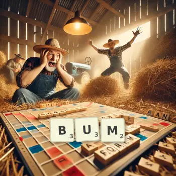 Kreative Illustration für ein Scrabble-Spiel, bei dem das Wort BUM mit Steinen auf dem Brett gelegt wurde.
