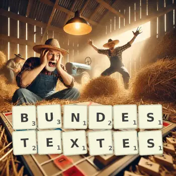 Kreative Illustration für ein Scrabble-Spiel, bei dem das Wort BUNDESTEXTES mit Steinen auf dem Brett gelegt wurde.