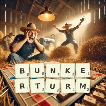 Kreative Illustration für ein Scrabble-Spiel, bei dem das Wort BUNKERTURM mit Steinen auf dem Brett gelegt wurde.