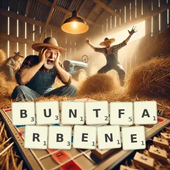 Kreative Illustration für ein Scrabble-Spiel, bei dem das Wort BUNTFARBENE mit Steinen auf dem Brett gelegt wurde.