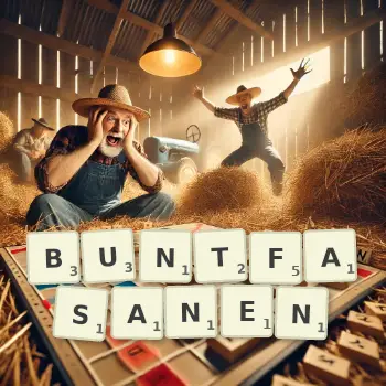 Kreative Illustration für ein Scrabble-Spiel, bei dem das Wort BUNTFASANEN mit Steinen auf dem Brett gelegt wurde.